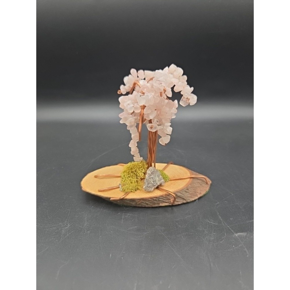 Copper Wired Pink Quartz Bonsai Tree With Moss And Rock 4.5"